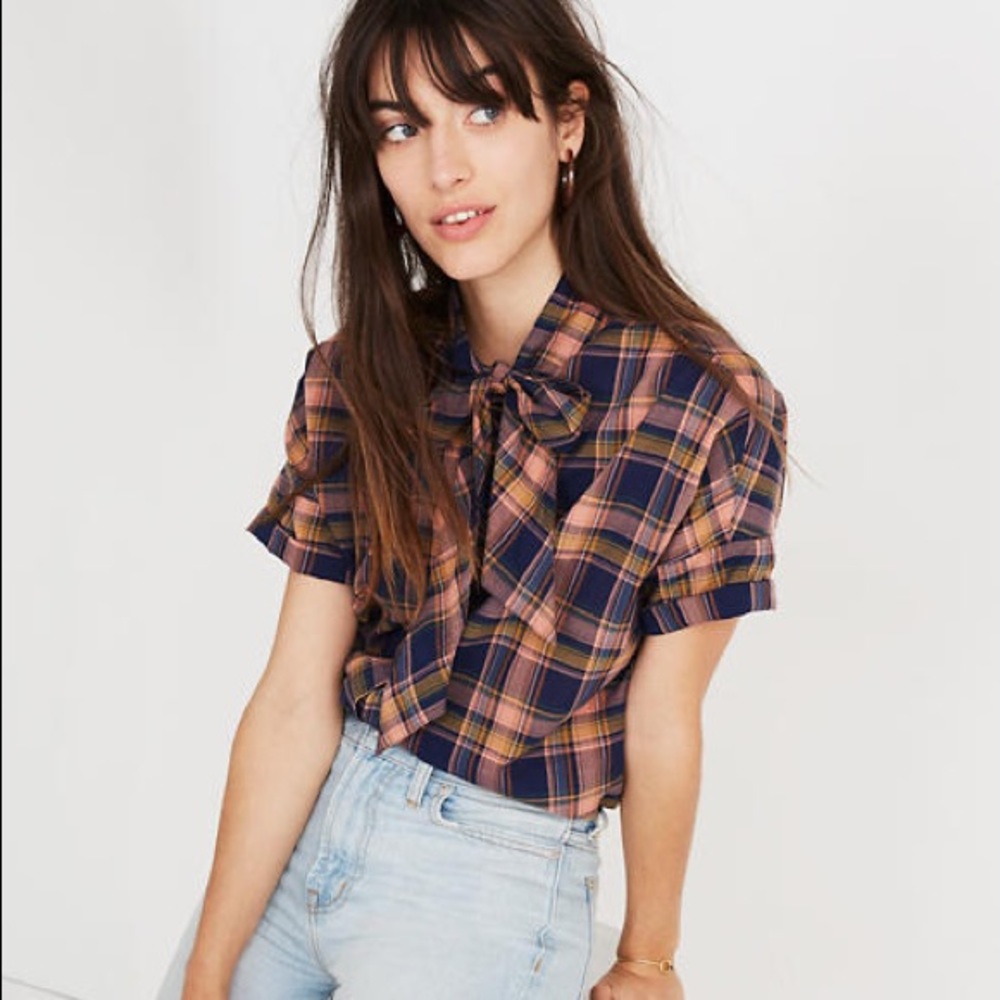 Madewell Short-Sleeve Tie-Neck Shirt in Junipero Plaid